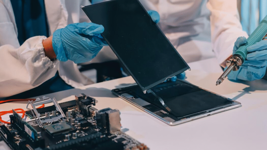 Technician fixing damaged iPad screen