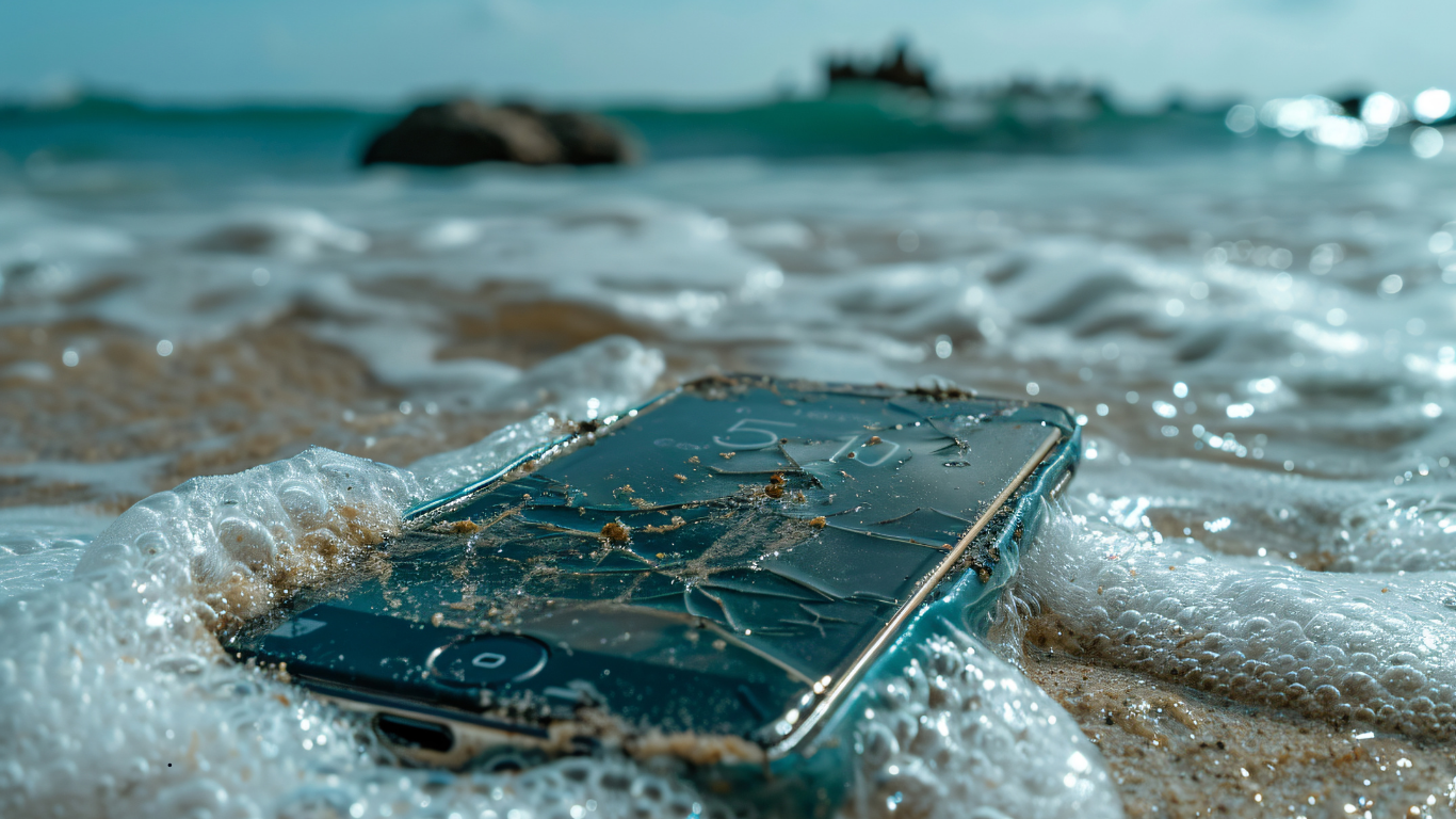 Water-damaged mobile phone showing moisture under screen
