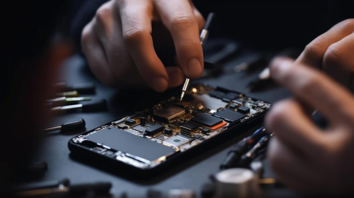 Technician repairing broken mobile phone screen