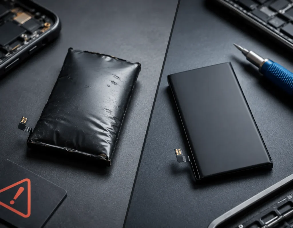 Original vs cheap phone battery comparison showing a swollen damaged battery beside a new replacement battery.