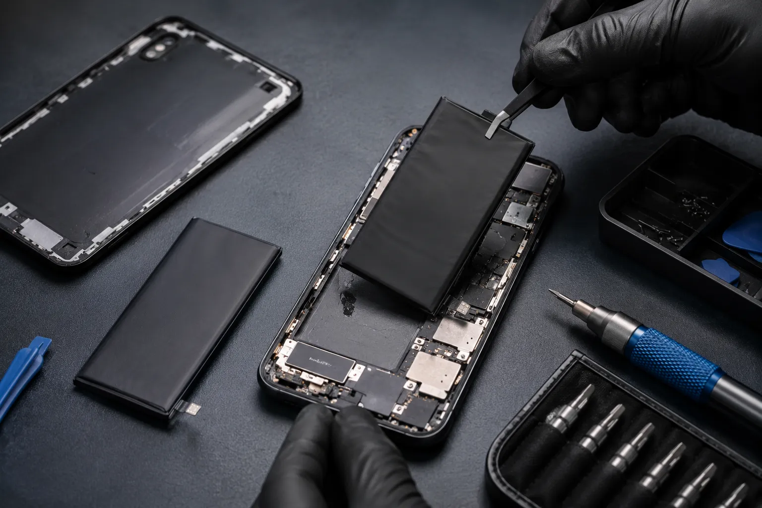 Original vs cheap phone battery comparison during a professional smartphone battery replacement service.