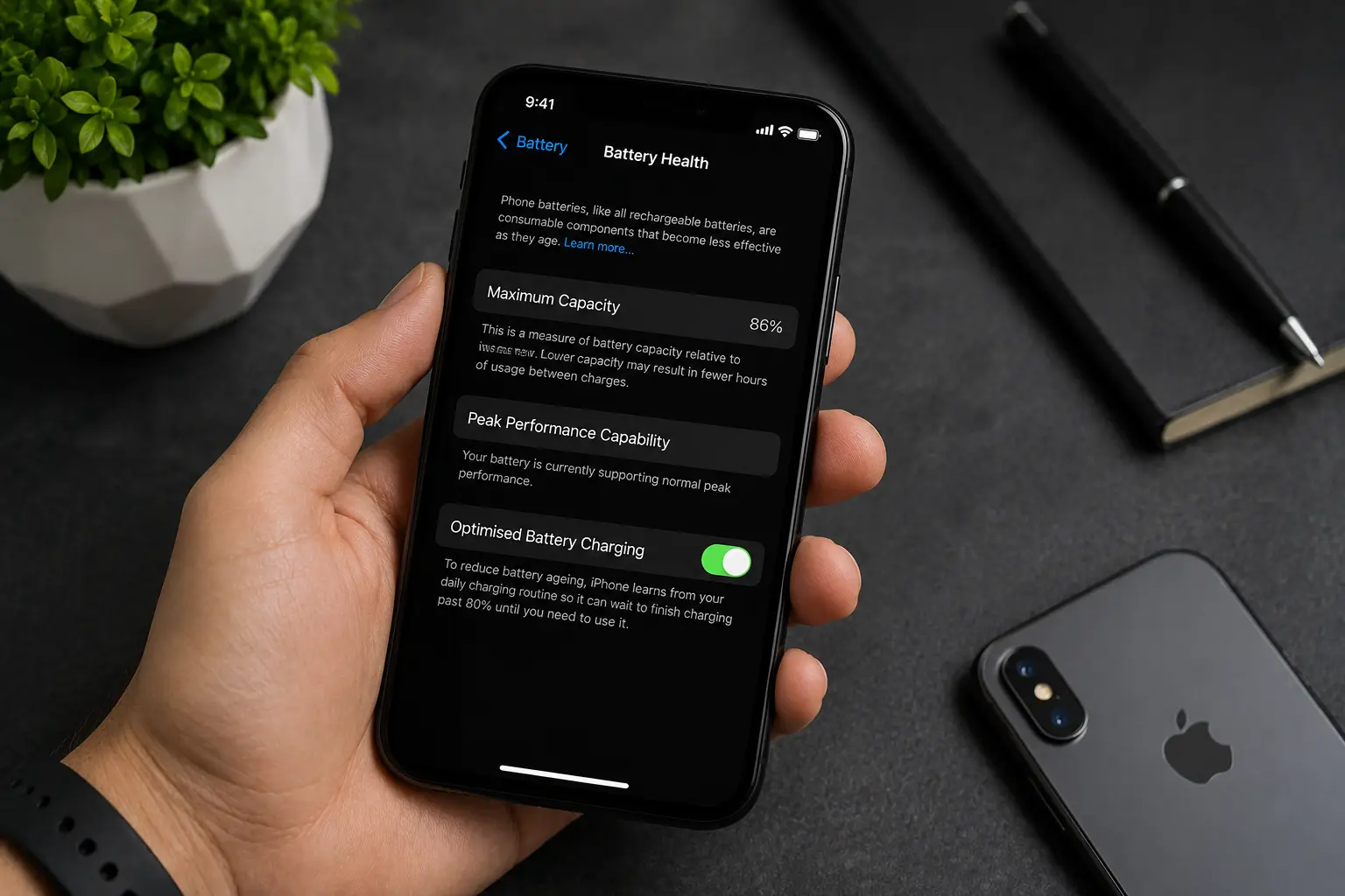 Checking an iPhone's battery health to monitor battery performance and identify when a replacement may be needed.