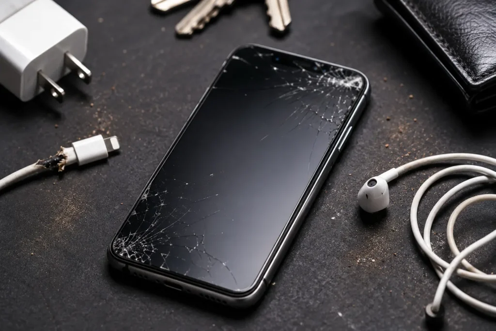Cracked smartphone with a damaged charging cable highlighting habits that damage your smartphone, including unsafe charging and accidental drops.