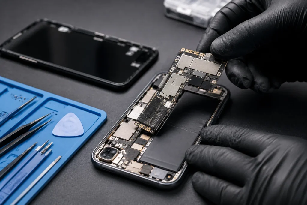 Recover files from a dead phone as a technician carefully removes the smartphone motherboard during professional repair and data recovery.