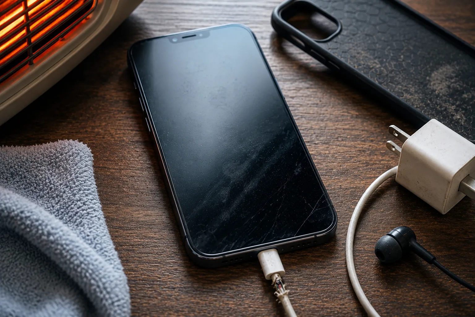 Phone charging with a damaged cable showing habits that damage your smartphone, including unsafe charging and exposure to excessive heat.