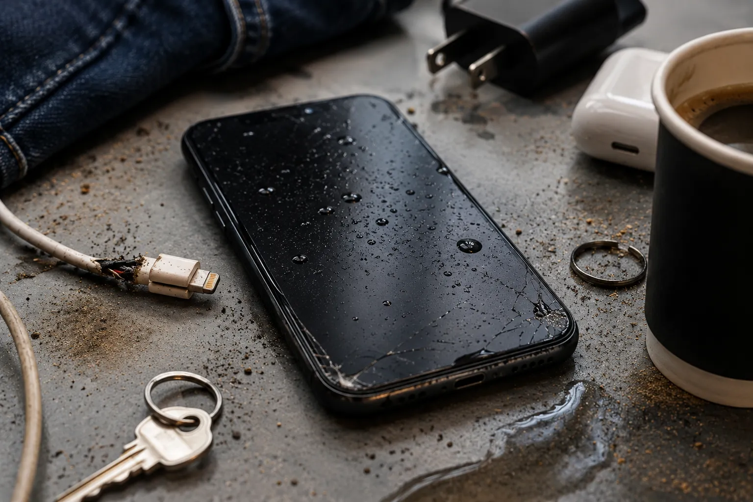 Cracked smartphone exposed to water showing habits that damage your smartphone through accidental spills, poor handling, and neglected maintenance.