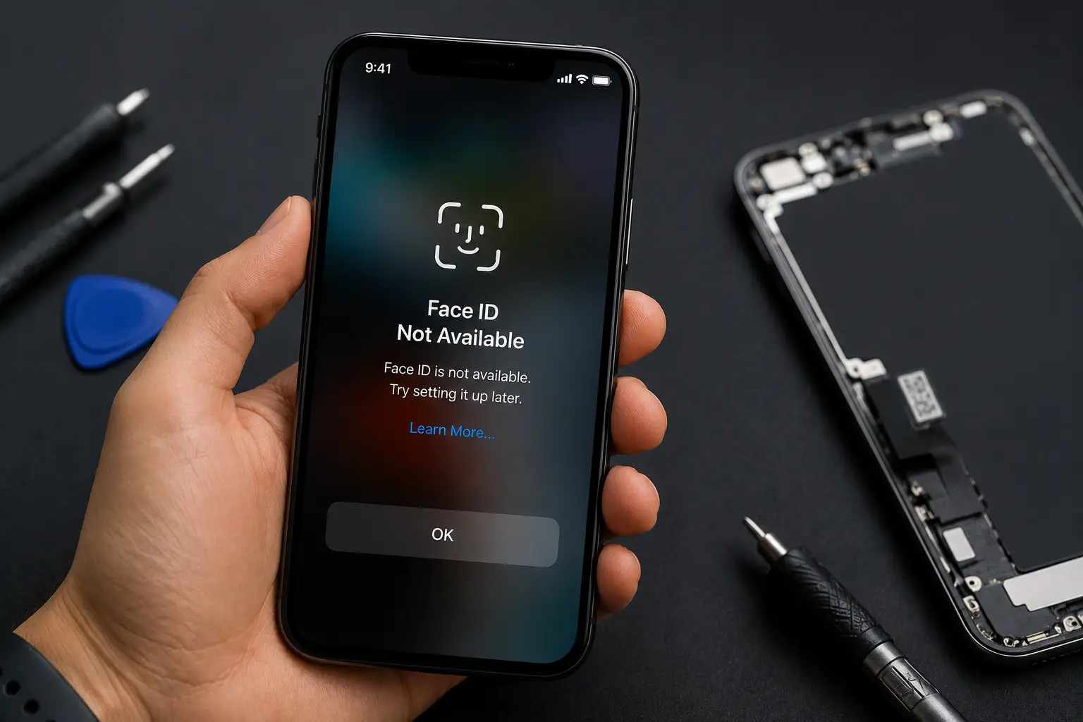 Face ID stops working on an iPhone showing the Face ID Not Available message during professional diagnostics.