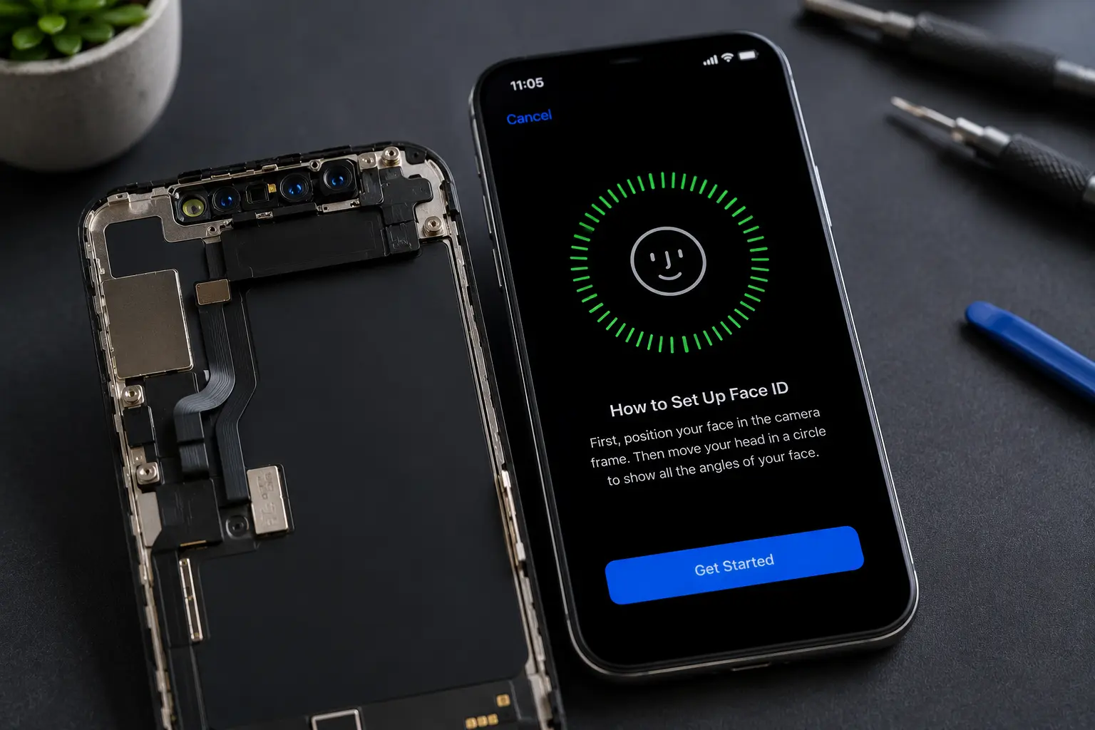 Face ID stops working while an iPhone undergoes TrueDepth camera inspection and Face ID setup during repair.