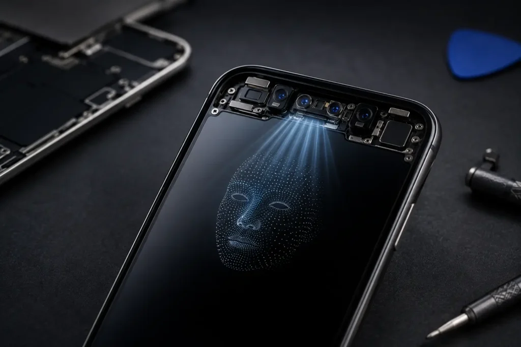 Technician inspecting the iPhone Face ID sensor during a Face ID stops working repair service.
