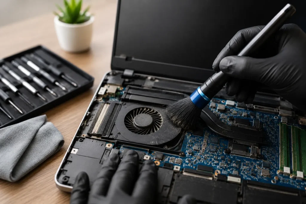 Professional Internal Cleaning of a laptop showing dust removal from the cooling fan and internal components to improve airflow and performance.