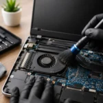Professional Internal Cleaning of a laptop showing dust removal from the cooling fan and internal components to improve airflow and performance.