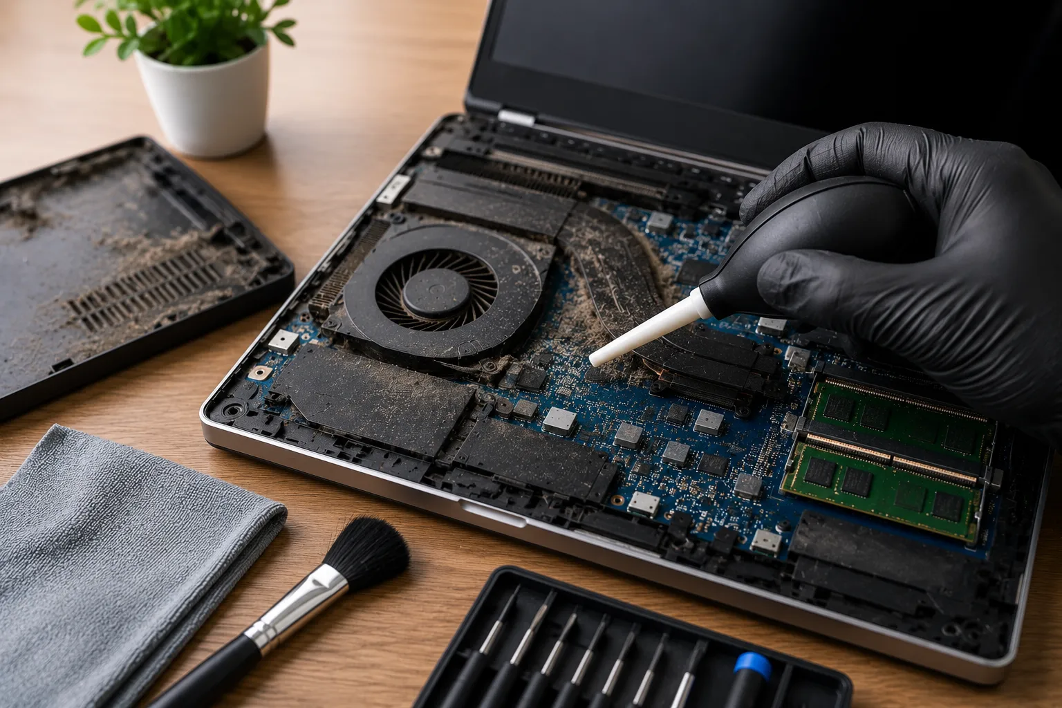 Professional internal cleaning of a laptop using an air blower to remove dust from the cooling fan, heat sink, and internal components for better cooling performance.