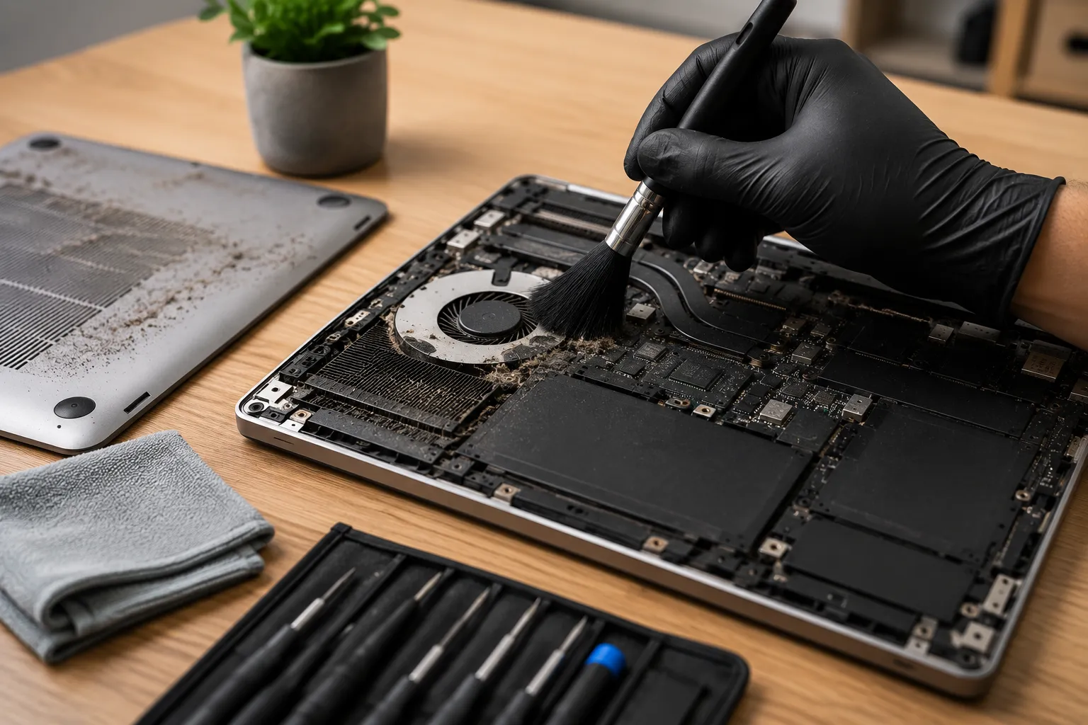 Internal cleaning of a laptop using a soft brush to remove dust from the cooling fan, heat sink, and internal components for better airflow and stable performance.