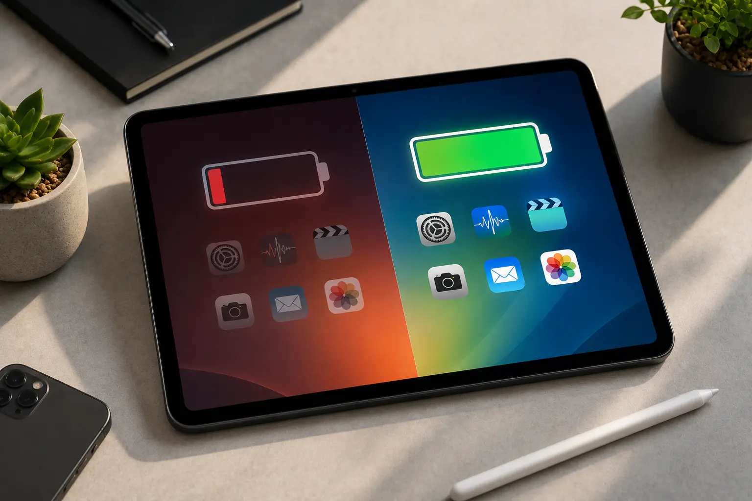 Extend iPad battery life by optimizing app usage and reducing battery drain on an iPad with low and full battery comparison.