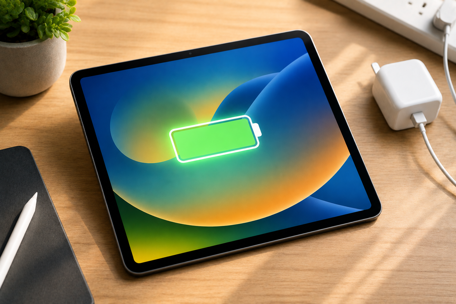 Extend iPad battery life with proper charging habits shown on an iPad displaying a full battery icon next to a charger on a wooden desk.