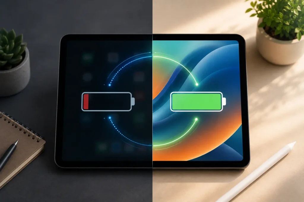 iPad battery life improved with an iPad displaying a healthy battery level beside a charger and low power mode settings.