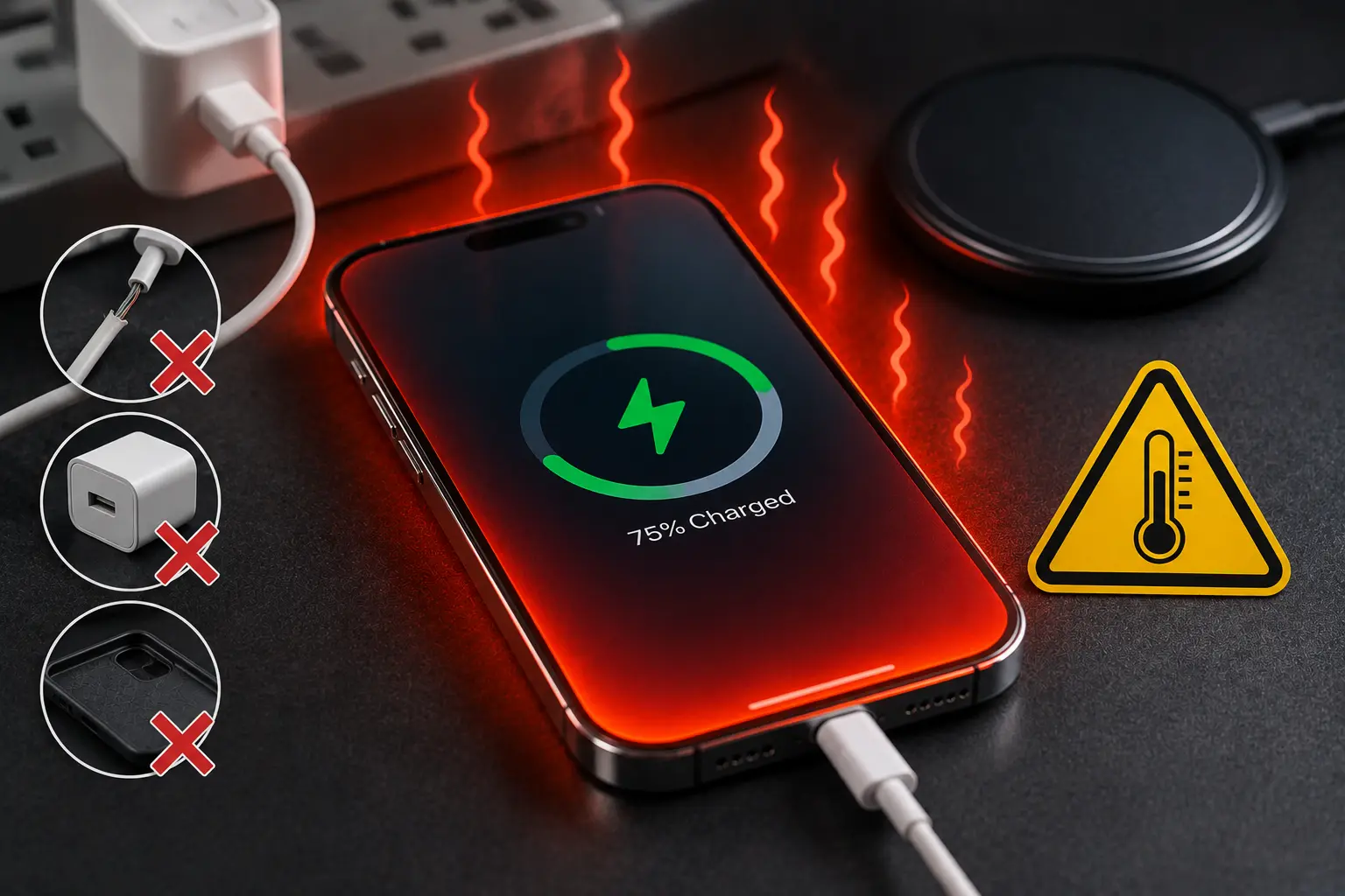 iPhone get hot while charging while using a fast charger, showing signs of overheating that may require inspection or repair