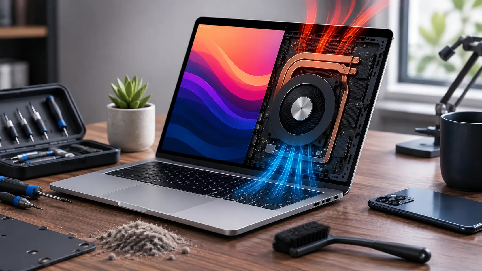 MacBook fan runs constantly because of overheating, showing the internal cooling fan, airflow, and dust buildup inside the laptop.