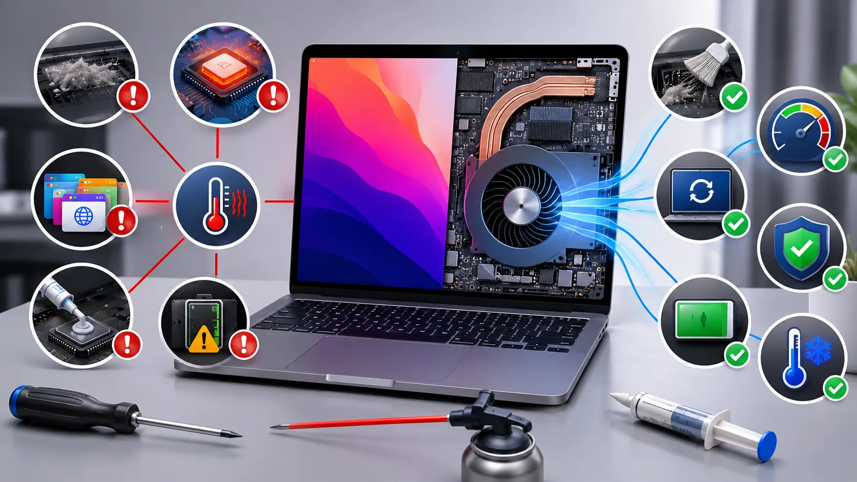 MacBook with exposed cooling fan and internal components showing overheating and airflow issues that can cause the fan to run constantly.