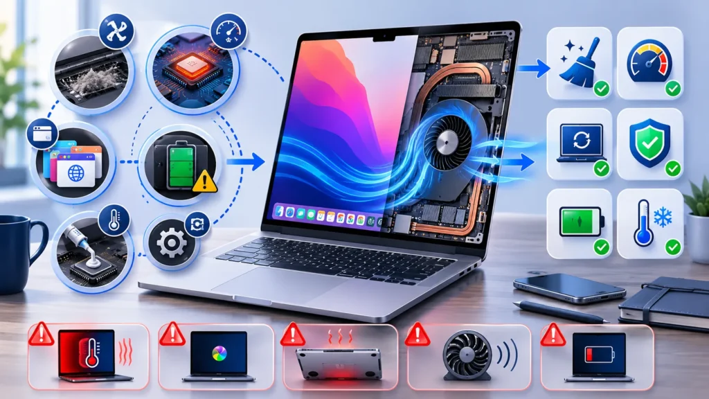 MacBook fan runs constantly due to overheating, dust buildup, high CPU usage, blocked airflow, and other common cooling issues.