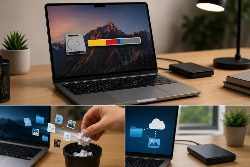 MacBook Storage management showing files being cleaned, storage optimization, and external backup options to free up space and improve performance.