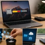 MacBook Storage management showing files being cleaned, storage optimization, and external backup options to free up space and improve performance.