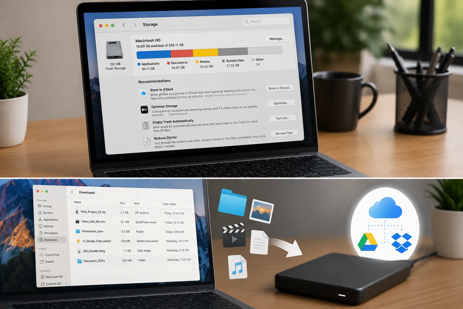 MacBook Storage settings showing storage management tools, file cleanup options, and cloud backup to free up disk space.
