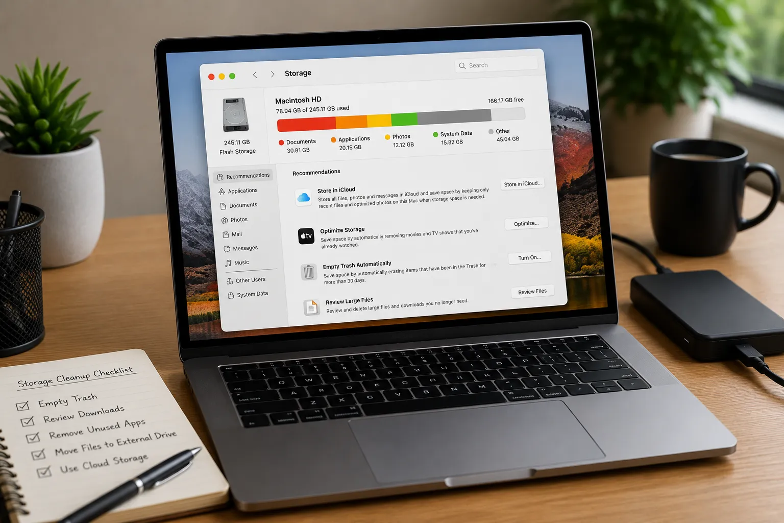 MacBook Storage settings with built-in storage recommendations, external SSD, and cleanup checklist to improve storage management and performance.