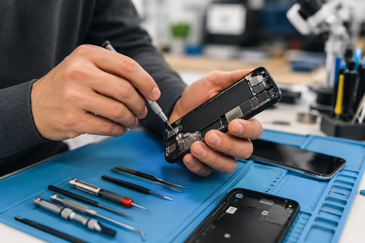 Mobile Repair Store technician repairing an iPhone using professional tools during a hardware inspection.