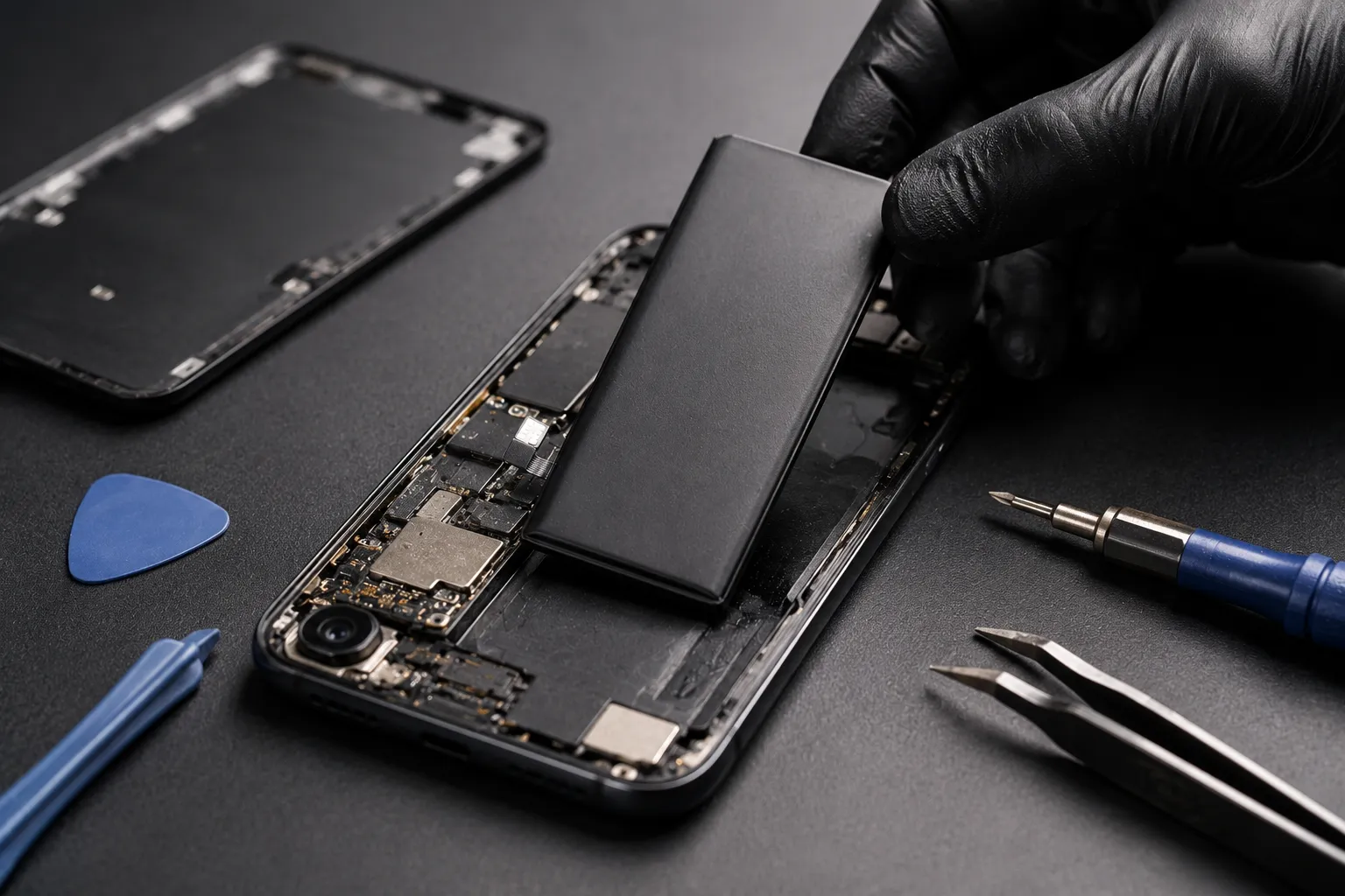 Original vs Cheap Phone Battery showing a technician installing a replacement battery inside an iPhone.