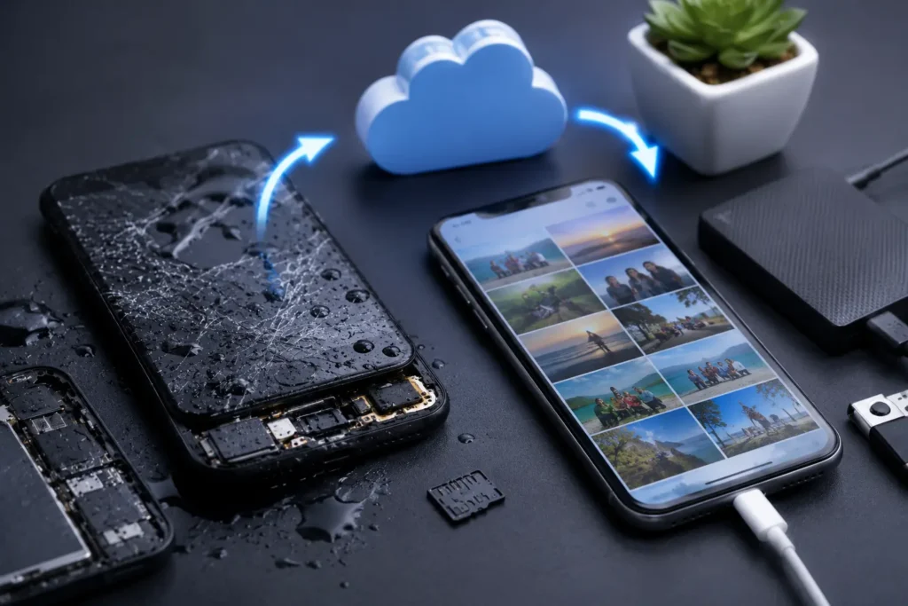 Smartphone data loss shown with a damaged phone beside a backup device storing photos, videos, and important files.
