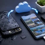 Smartphone data loss shown with a damaged phone beside a backup device storing photos, videos, and important files.