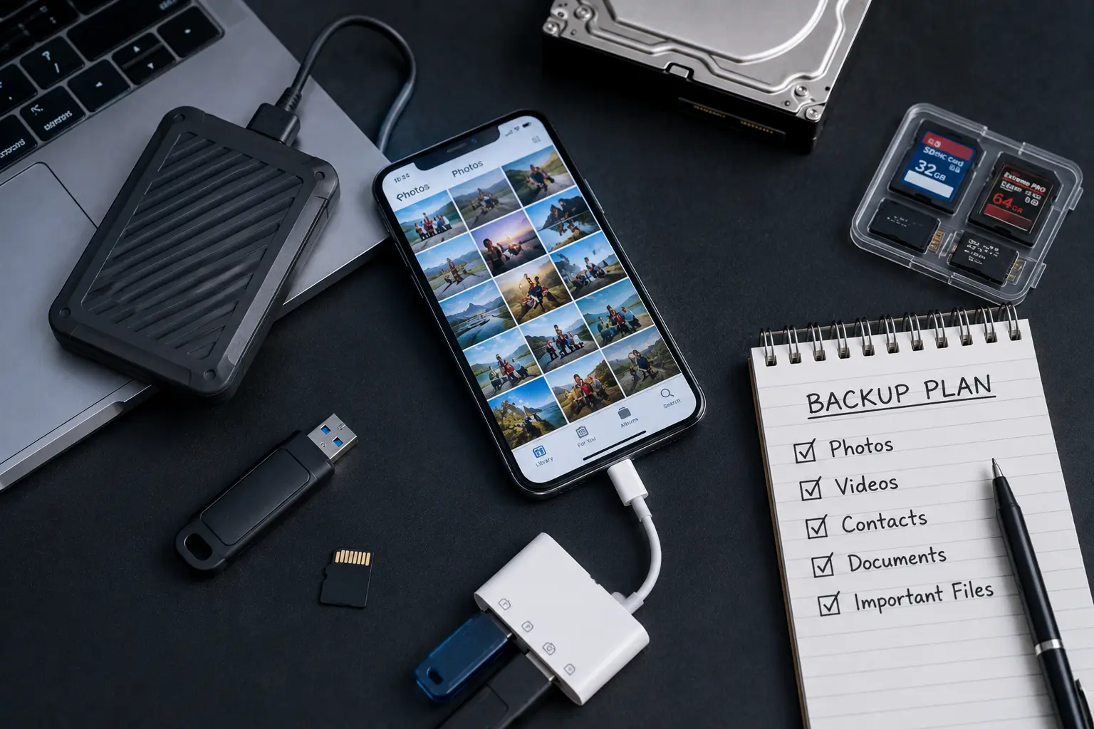 Prevent smartphone data loss by backing up photos, videos, contacts, documents, and important files to external and portable storage devices.