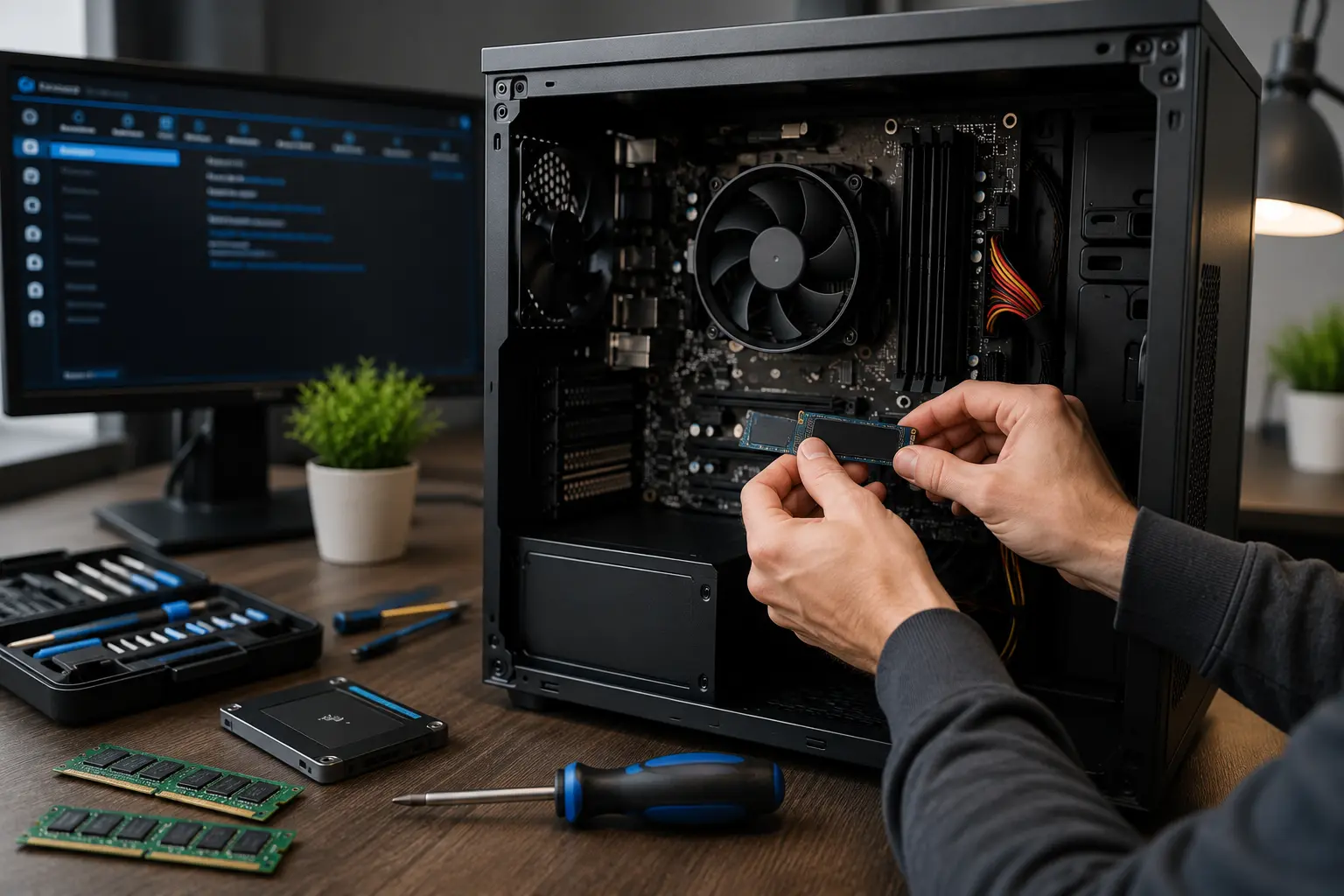 Technician installing an SSD inside a desktop computer to fix a system that computer takes forever to start because of aging storage hardware.