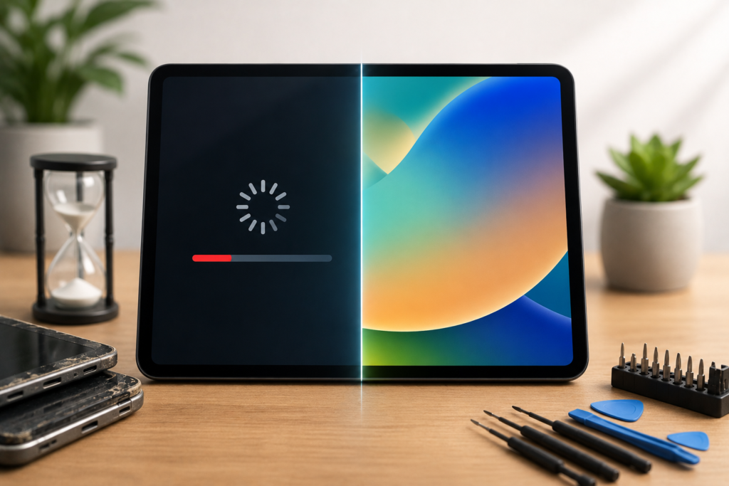 Tablet Is running slow shown with a before and after performance comparison, highlighting slow loading and improved tablet speed after optimization.