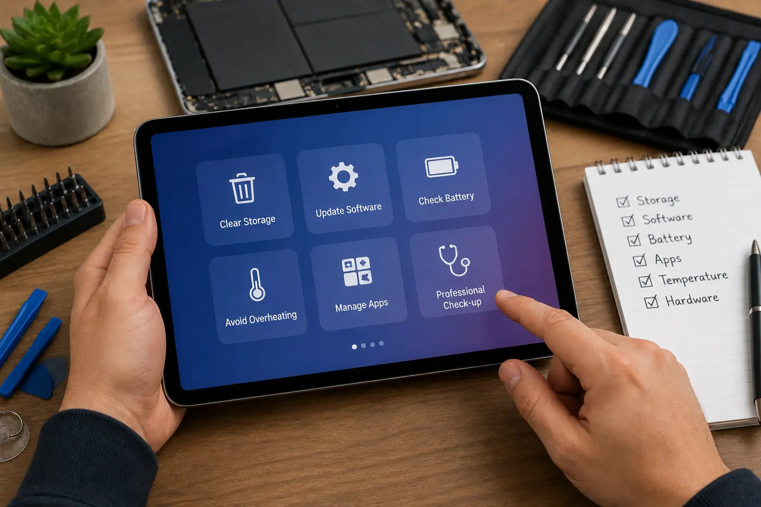 Tablet running slow with troubleshooting steps including clearing storage, updating software, checking battery health, and managing apps on a tablet.