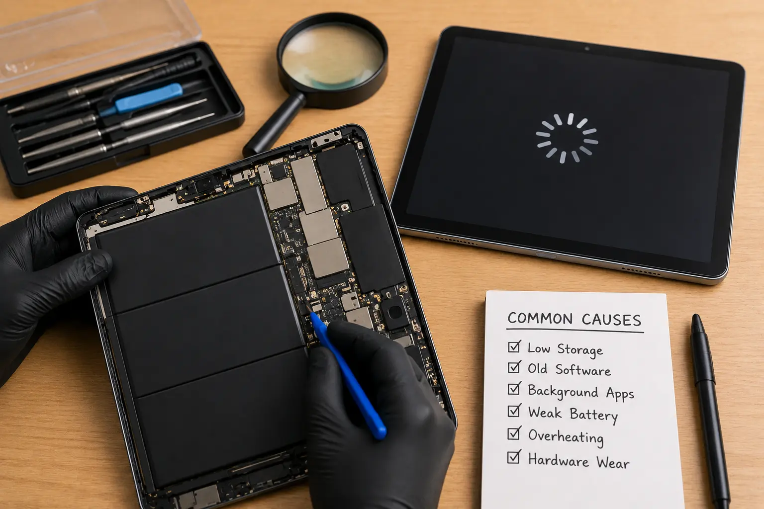 Tablet running slow due to low storage, outdated software, background apps, battery issues, overheating, or hardware wear shown during tablet repair.
