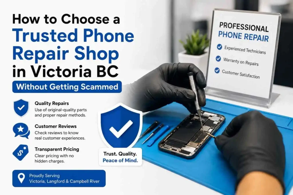 Mobile Repair Store guide showing key factors like quality repairs, customer reviews, and transparent pricing before choosing a repair shop.